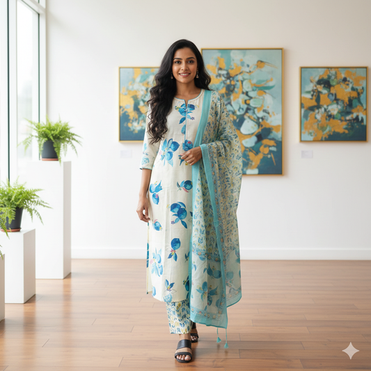 SALWAR SUIT COTTON CREAM WITH GREEN FLORAL PRINT