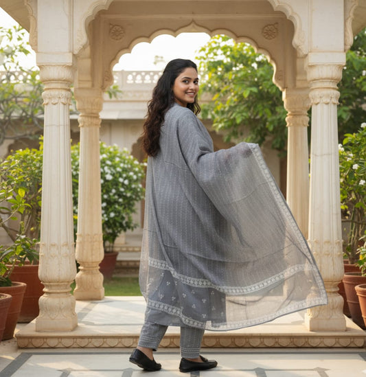 SALWAR SUIT COTTON GREY WITH WHITE DIGITAL PRINT