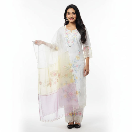 SALWAR SUIT COTON WHITE WITH MULTI COLOR DUPATTA