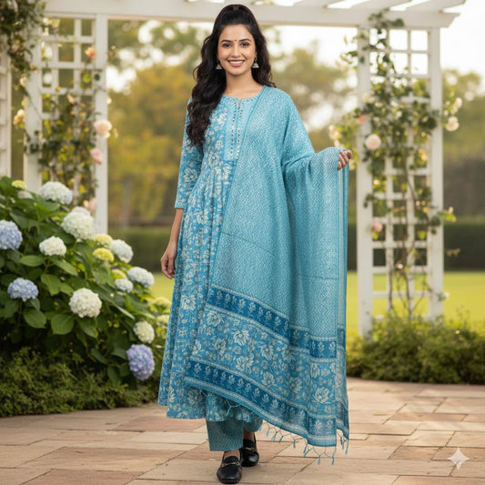 SALWAR SUIT COTTON GREEN WITH FLORAL PRINT