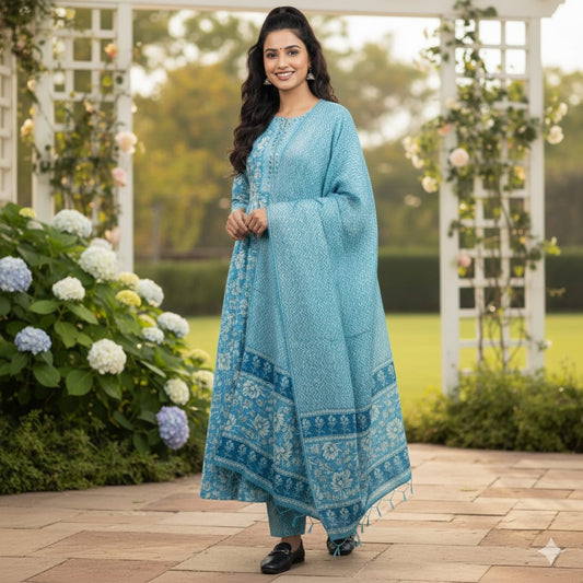 SALWAR SUIT COTTON GREEN WITH FLORAL PRINT