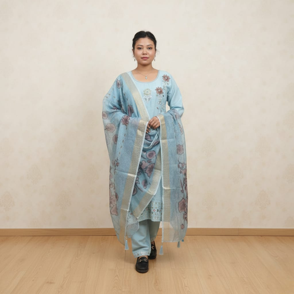 SALWAR SUIT MODAL SILK SKY BLUE COLOR WITH FLORAL PRINT