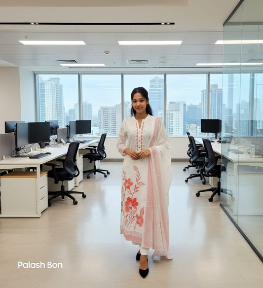 SALWAR SUIT COTTON WHITE WITH RED FLORAL DUPATTA