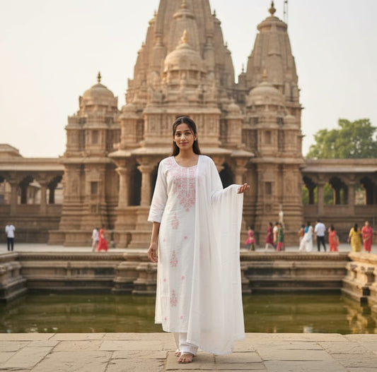 SALWAR SUIT COTTON WHITE WITH PEACH EMBROIDERY