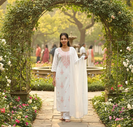 SALWAR SUIT COTTON WHITE WITH PEACH EMBROIDERY