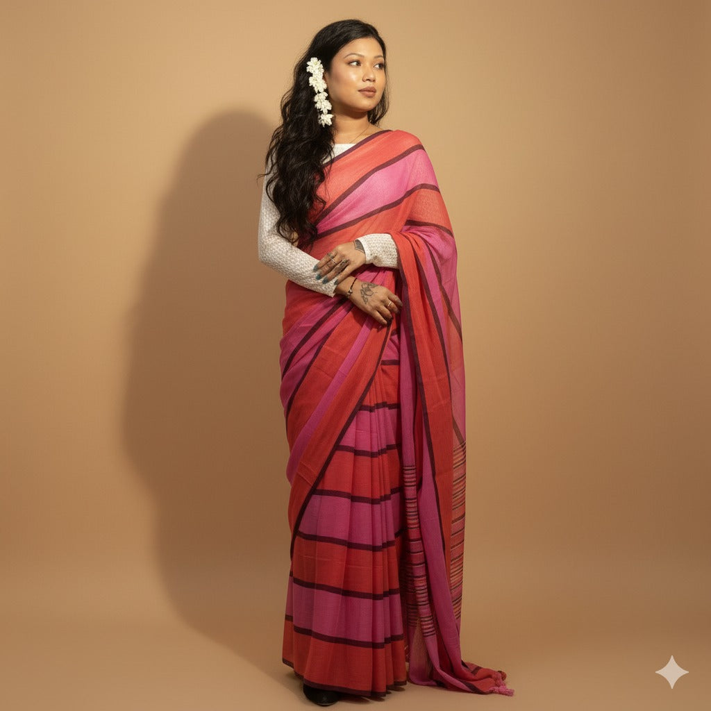 MULMUL SAREE RED STRIPE