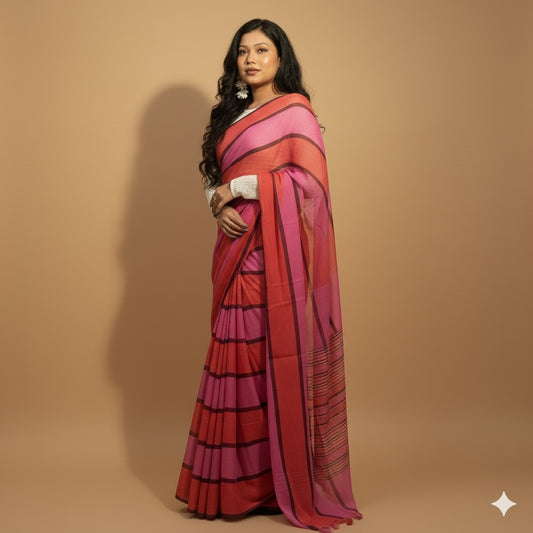 MULMUL SAREE RED STRIPE