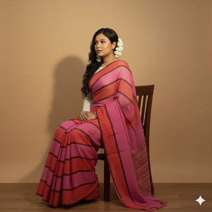 MULMUL SAREE RED STRIPE