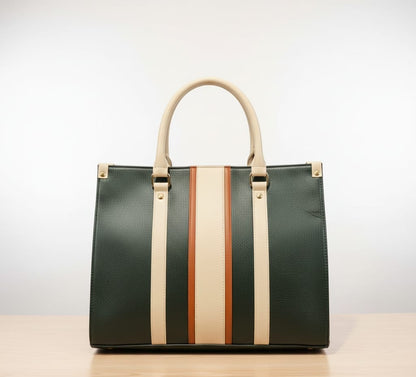 SHOPPER BAG GREEN WITH BEIGE STRIPE