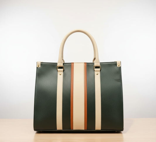 SHOPPER BAG GREEN WITH BEIGE STRIPE
