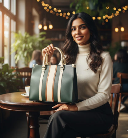 SHOPPER BAG GREEN WITH BEIGE STRIPE