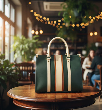 SHOPPER BAG GREEN WITH BEIGE STRIPE