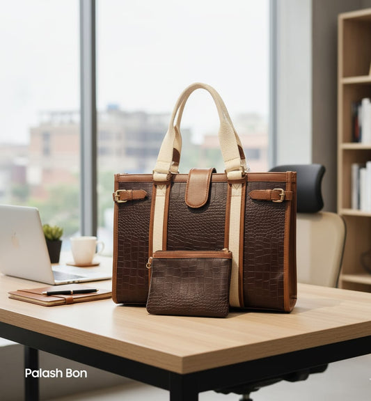 TOTE BAG BROWN LEATHER WITH WHITE BORDER STRIPE