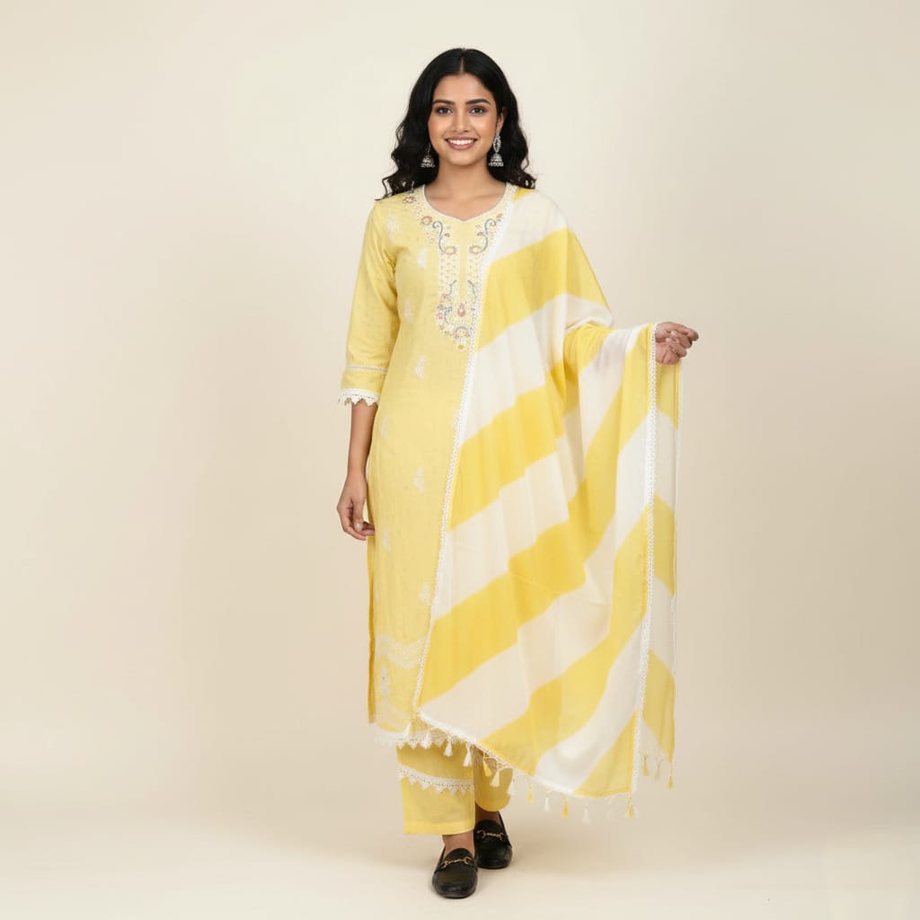 SALWAR SUIT COTTON LIGHT YELLOW COLOR