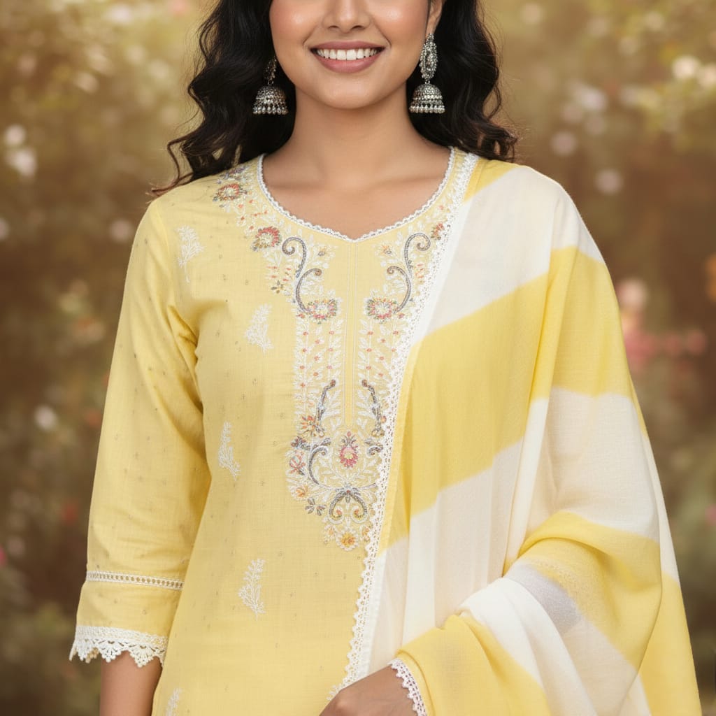 SALWAR SUIT COTTON LIGHT YELLOW COLOR