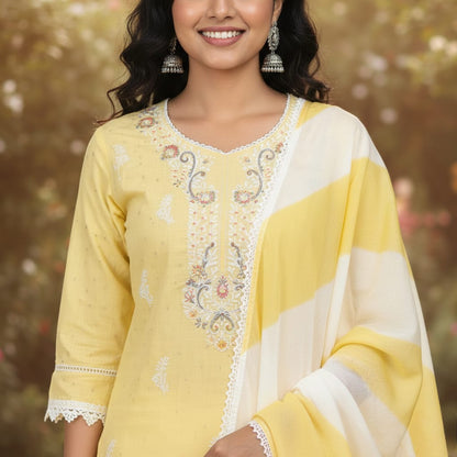 SALWAR SUIT COTTON LIGHT YELLOW COLOR