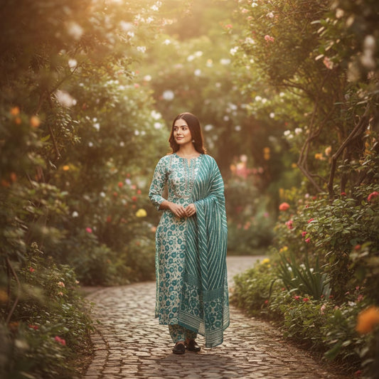 SALWAR SUIT COTTON BASE WHITE WITH GREEN DESIGN