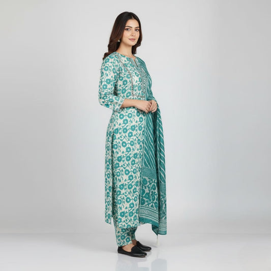 SALWAR SUIT COTTON BASE WHITE WITH GREEN DESIGN