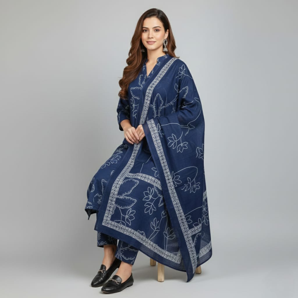 SALWAR SUIT COTTON DARK BLUE WITH WHITE PRINT