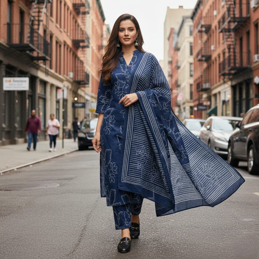 SALWAR SUIT COTTON DARK BLUE WITH WHITE PRINT