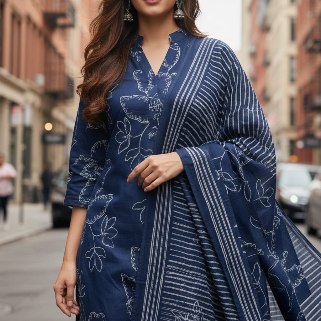 SALWAR SUIT COTTON DARK BLUE WITH WHITE PRINT