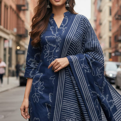 SALWAR SUIT COTTON DARK BLUE WITH WHITE PRINT