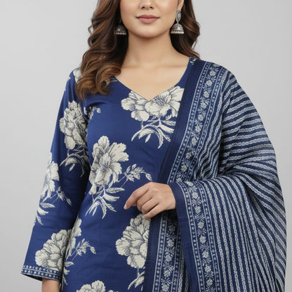 SALWAR SUIT COTTON BLUE WITH FLORAL PRINT