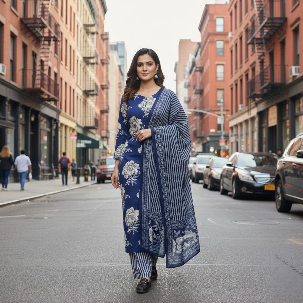 SALWAR SUIT COTTON BLUE WITH FLORAL PRINT