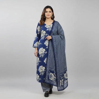 SALWAR SUIT COTTON BLUE WITH FLORAL PRINT