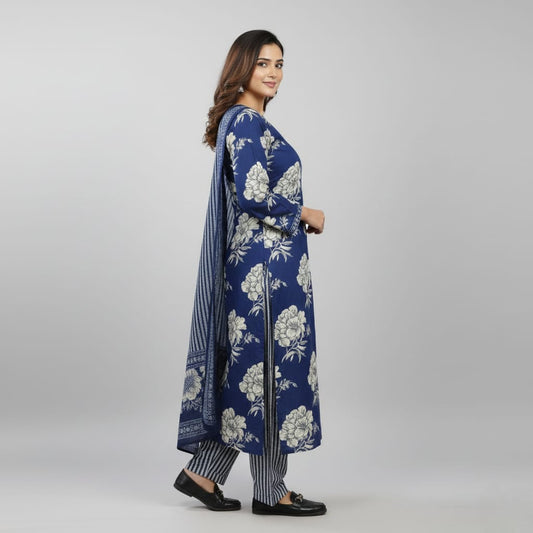 SALWAR SUIT COTTON BLUE WITH FLORAL PRINT