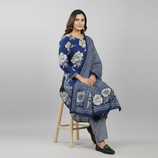SALWAR SUIT COTTON BLUE WITH FLORAL PRINT