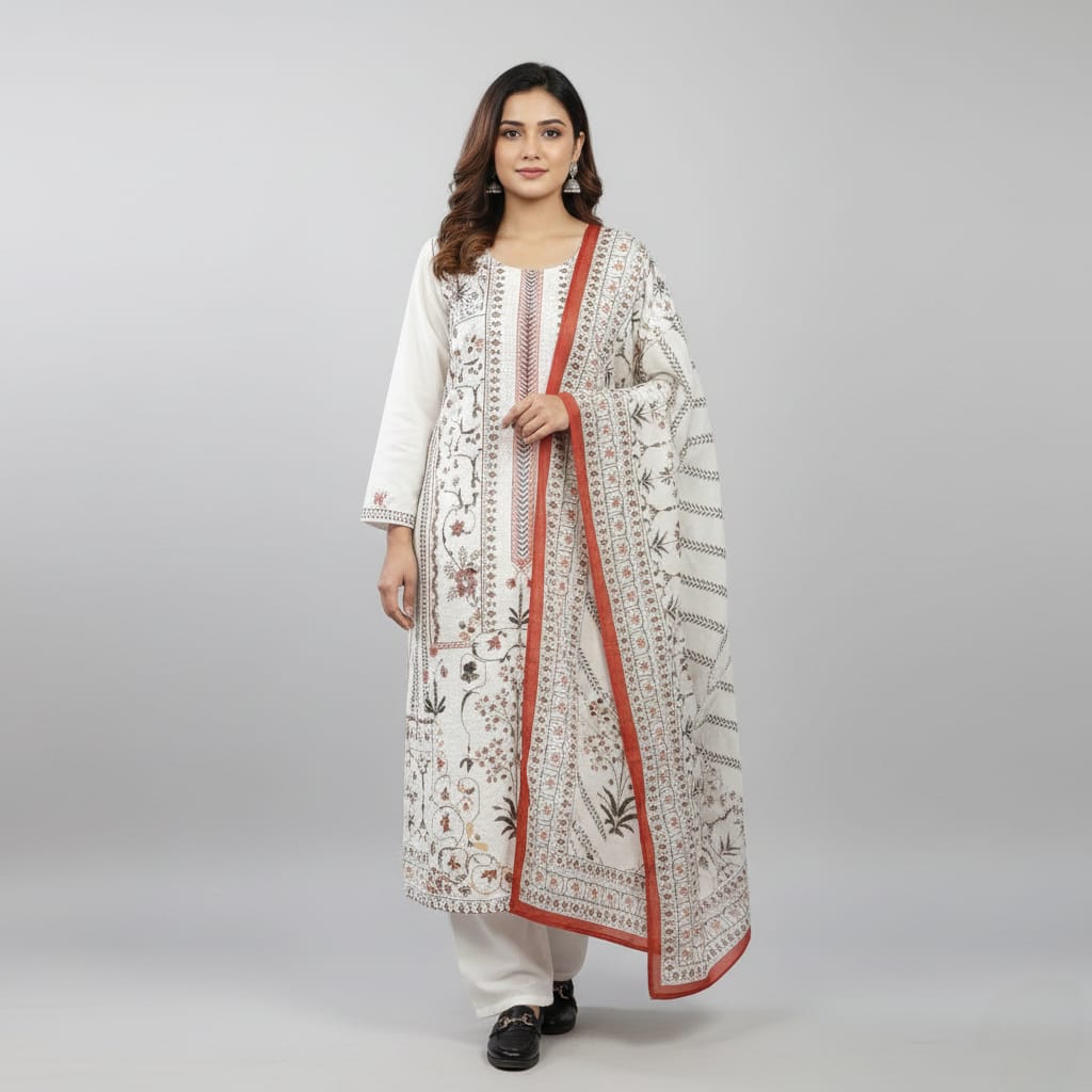 SALWAR SUIT COTTON WHITE WITH PRINTED DUPATTA