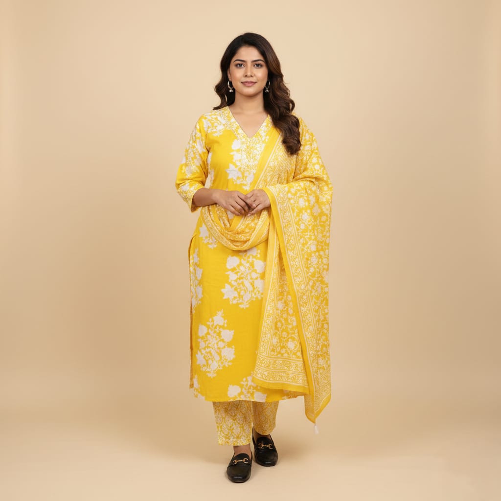 SALWAR SUIT COTTON YELLOW WITH WHITE FLORAL PRINT
