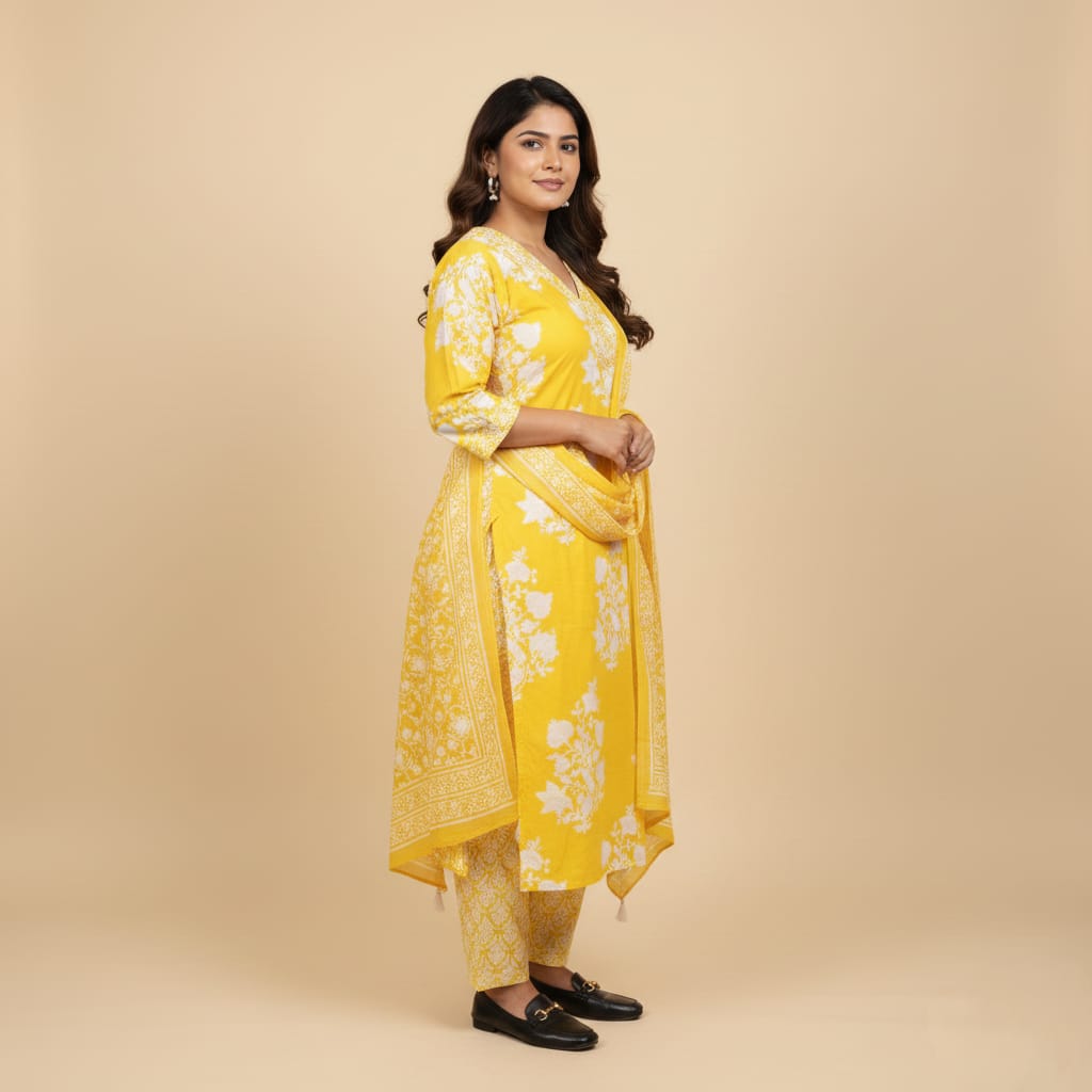 SALWAR SUIT COTTON YELLOW WITH WHITE FLORAL PRINT