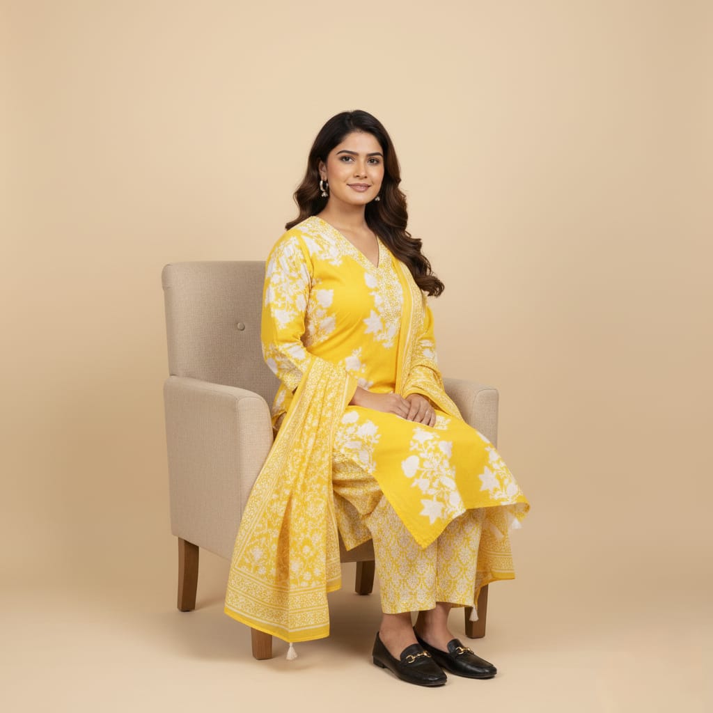 SALWAR SUIT COTTON YELLOW WITH WHITE FLORAL PRINT