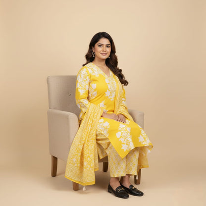 SALWAR SUIT COTTON YELLOW WITH WHITE FLORAL PRINT
