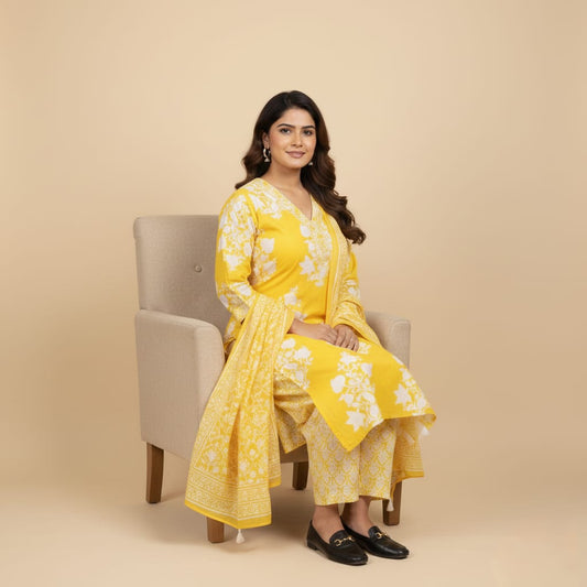 SALWAR SUIT COTTON YELLOW WITH WHITE FLORAL PRINT