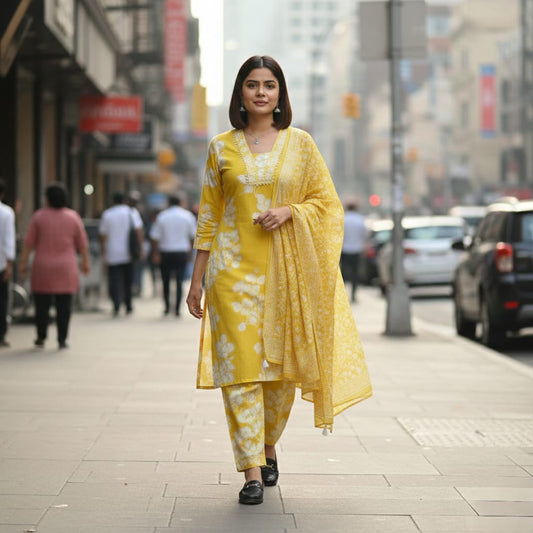 SALWAR SUIT COTTON YELLOW WITH WHITE FLORAL PRINT