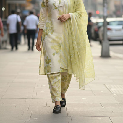 CHURIDAR SET COTTON WHITE WITH SEA GREEN FLORAL DESIGN