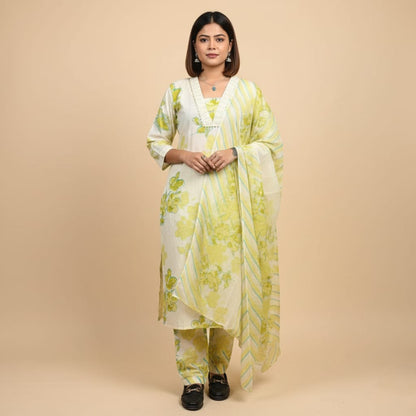CHURIDAR SET COTTON WHITE WITH SEA GREEN FLORAL DESIGN