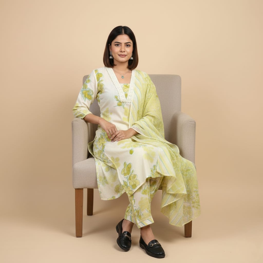 CHURIDAR SET COTTON WHITE WITH SEA GREEN FLORAL DESIGN