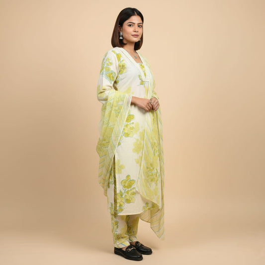 CHURIDAR SET COTTON WHITE WITH SEA GREEN FLORAL DESIGN
