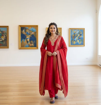 SALWAR SUIT MODAL SILK BRIGHT RED WITH NECK WORK