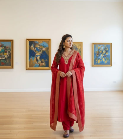 SALWAR SUIT MODAL SILK BRIGHT RED WITH NECK WORK