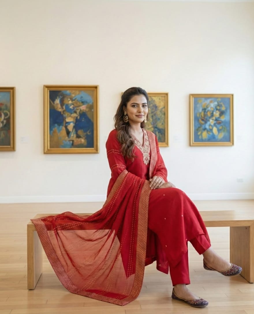 SALWAR SUIT MODAL SILK BRIGHT RED WITH NECK WORK