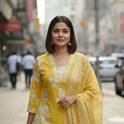 SALWAR SUIT COTTON YELLOW WITH WHITE FLORAL PRINT