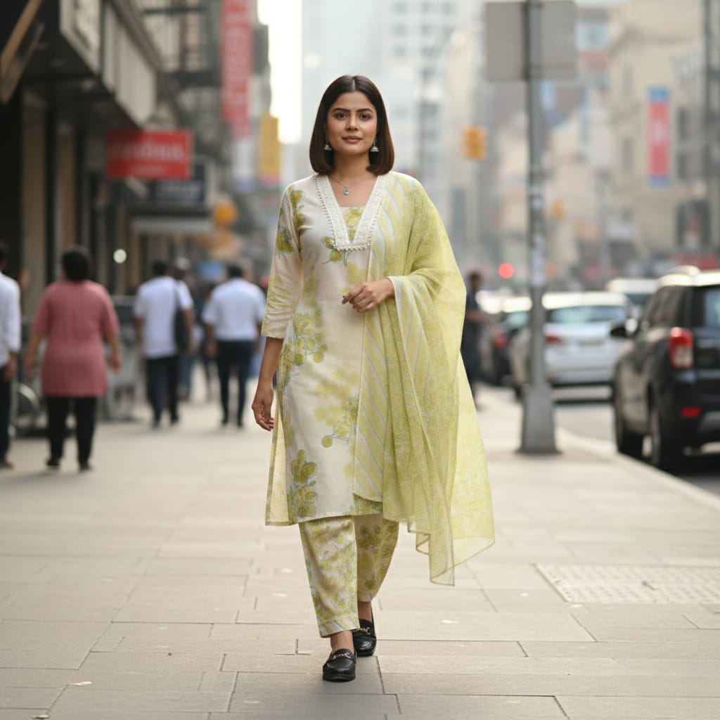 CHURIDAR SET COTTON WHITE WITH SEA GREEN FLORAL DESIGN