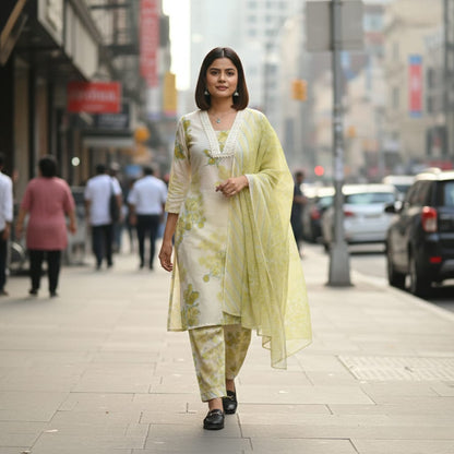 CHURIDAR SET COTTON WHITE WITH SEA GREEN FLORAL DESIGN